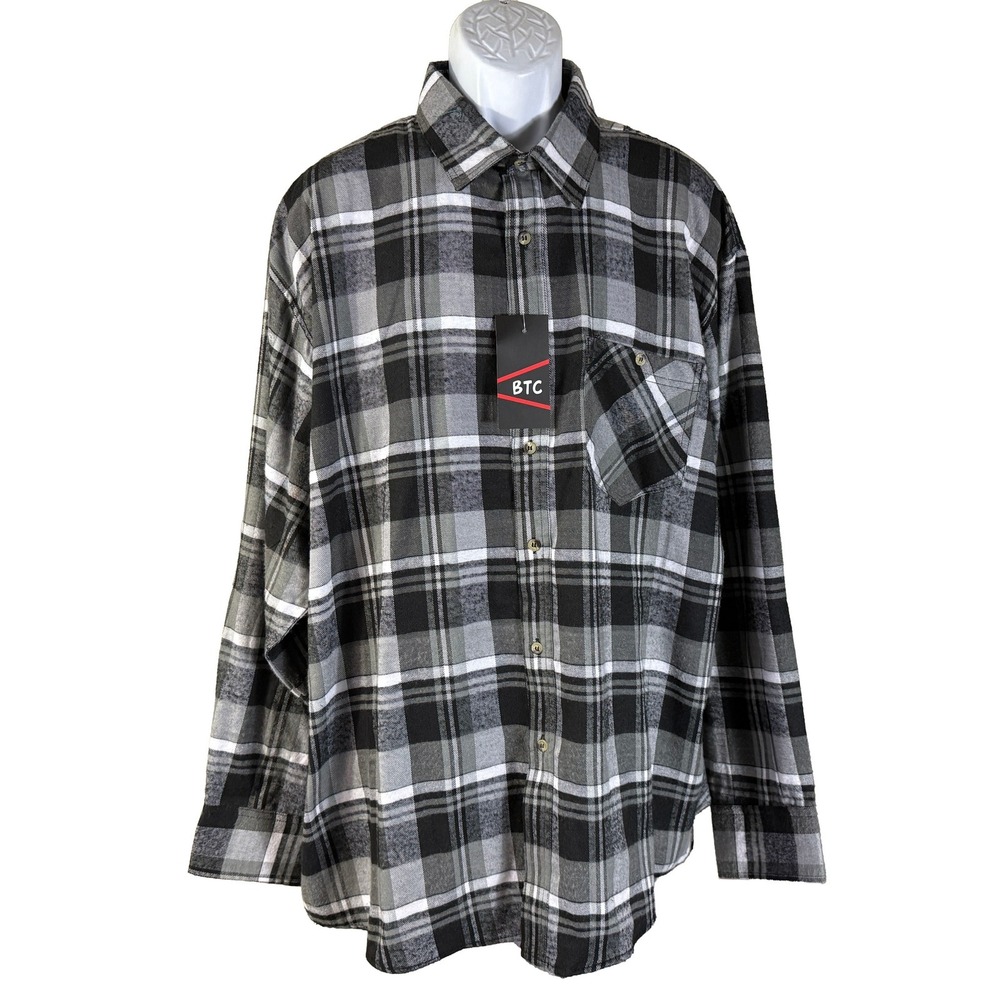 BTC Flannel Shirt Mens 2XL Gray Black Plaid Long Sleeve Button Down B-2260 NEW